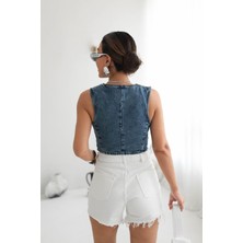 AB Looks Kadın Mavi V Yaka Kolsuz Denim Kot Yelek Düğmeli %100 Pamuk Yeni Sezon Trend Jean Yelek