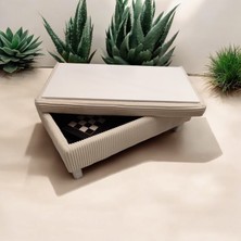Puff Table Kardelen , Sandıklı Orta Sehpa Puflu , Çizgili Krem Kadife Kumaş