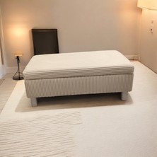 Puff Table Kardelen , Sandıklı Orta Sehpa Puflu , Çizgili Krem Kadife Kumaş