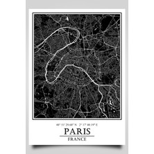 Paris Şehir Haritası Çerçevesiz Poster-Harita Sanatı, Map Art Design