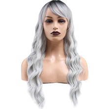 Özel  Kahküllü  Uzun Su Dalgalı Görünümlü  Kanekalon Fiber  Sentetik Peruk / Siyah / Açık Gri Ombreli /