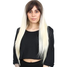 Kanekalon Fiber  Sentetik Uzun Düz Kahküllü Peruk / Küllü Açık Kahve / Platin Ombreli /