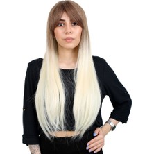 Colezium Kanekalon Fiber  Sentetik Uzun Düz Kahküllü Peruk / Kumral / Platin Ombreli /