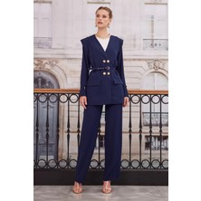 HE-QA Kruvaze Blazer Ceket Pantolon Takım Lacivert