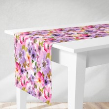 Decofav Runner Sulu Boya Pembe Mor Çiçek Desenli Dijital Baskılı