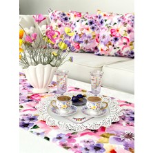 Decofav Runner Sulu Boya Pembe Mor Çiçek Desenli Dijital Baskılı