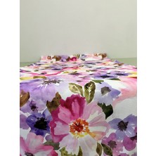 Decofav Runner Sulu Boya Pembe Mor Çiçek Desenli Dijital Baskılı