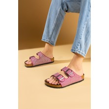 Pembe Potin Parlak Taşlı Ayarlabilir Çift Tokalı Rahat Taban Kadın Terlik 51-606-24