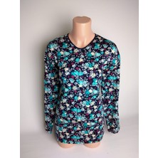 Yaşar Triko Kadın Siyah Yeşil V Yaka Uzun Kollu Yanları Yırtmaçlı Yazlık Viskon Likralı Anne Penye Tişört Bluz