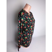 Yaşar Triko Kadın Siyah Yeşil V Yaka Uzun Kollu Yanları Yırtmaçlı Yazlık Viskon Likralı Anne Penye Tişört Bluz