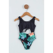 Miniğimin Cicileri Bağlamalı Palm Desenli Kız çocuk mayo - Lacivert