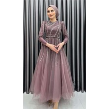 Hennin 24Y4581 Hennin Abiye Elbise Taş Işlemeli Tül Katlı - Hennin - 24Y4581 - Gül Kurusu - 38