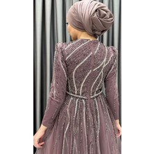 Hennin 24Y4581 Hennin Abiye Elbise Taş Işlemeli Tül Katlı - Hennin - 24Y4581 - Gül Kurusu - 38