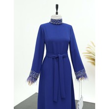 Tane 24Y4431 Abiye Elbise Krep Yaka ve Kolları Taş Detay - Tane - 24Y4431 - Lacı - 40