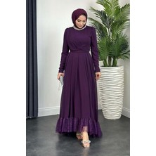 Tane 24Y4562 Elbise Abiye Şifon Etek Ucu Güpürlü Yakası Taşlı  - Tane - 24Y4562 - Mor - 38