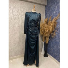 Hennin 24Y4757 Hennin Abiye Elbise Saten Taş Işlemli Kuyruklu - Hennin - 24Y4757 - Zümrüt - 42