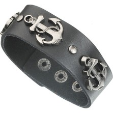 İdol Avm Motorcu Erkek Bileklik Siyah Çapalı Deri Takı Aksesuar B24 T5