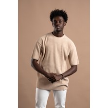 Akçaylar Oversize (Bol Kesim) Kalın Fitilli Bisiklet Yaka Kısa Kol T-Shirt