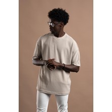 Akçaylar Oversize (Bol Kesim) Bisiklet Yaka Örgülü Likralı Kısa Kol T-Shirt