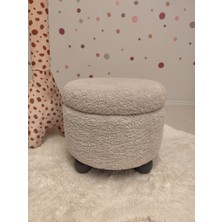 Puff Table Hazine, Ahşap Top Ayaklı Çocuk Pufu, Oyuncak Sepeti, Teddy Kumaş 42 cm Antrasit Ayak