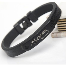 İdol Avm Kemal Atatürk Imzalı Siyah Erkek Deri Bileklik Takı B24 T5