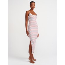 Dilvin 90227 Askılı Çizgili Triko Elbise-Ekru