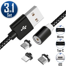 Voltme 3'ü 1 Arada Şarj Seti Manyetik Tak Çıkar Apple iPhone Ipod iPad Samsung Modelleri Lightning Usb-C Için Şarj Kablosu Siyah 2.4A 100CM