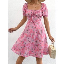 Aisha Elbise Kadın Kısa Kollu Mini Çiçek Baskılı Bağcık Detay Süprem Midi Boy Elbise