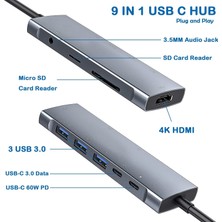 UltraTekno Macbook Uyumlu 9in1 Type-C To 4K Ultra Hd 1080P HDMI 2* USB 3.0 Sd Tf Kart Okuyucu Çevirici Hub Adaptör