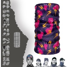 E-Taktik Extreme Şimşek  Desenli Pembe Mor Boyunluk Bandana Baf Toka Maske Saçbandı