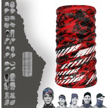 E-Taktik Extreme Kırmızı Siyah Karışık Desenli Beyaz Çizgili Beyaz Boyunluk Bandana Baf Toka Maske Saçbandı