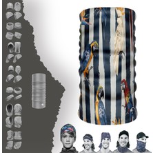 Extreme Papağan Desenli Lacıvert Beyaz Çizgili Boyunluk Bandana Baf Toka Maske Saçbandı