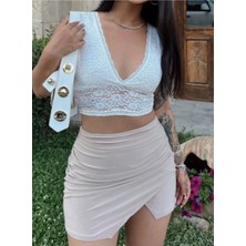 Wear And Wear Kadın Beyaz V Yaka Kalın Askılı Dantel Büstiyer Astarlı Güpür Bralet Crop