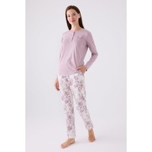 Arnetta Kadın Lila Düğmeli Yaka Uzunkol Pijama Takım, Büyük Beden Kadın Pijama Takım