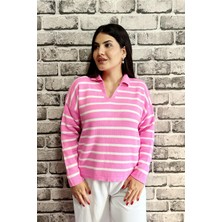 İpli Pembe Renk Kalın Çizgi Detaylı Polo Yaka Standart Beden Kadın Kazak
