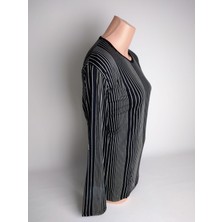 Yaşar Triko Kadın Siyah Bej V Yaka Uzun Kollu Yazlık Viskon Likralı Anne Penye Bluz