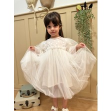 Azece Kids Balon Kol Dantel Detaylı Tüllü  Pamuk Astarlı Kız Çocuk Doğum Günü Elbisesi Tütü Kız Abiye
