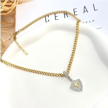 Kyver Kolye Kutup Yıldızı Kalkan Madalyon Model 316 L Paslanmaz Çelik Gold 41+5cm