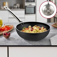 Evren 32 cm Bistro Indüksiyonlu Wok Tava, Horeca Non-Stick Indüksiyon Tabanlı Wok Tava (Çelik Boru Kulp)