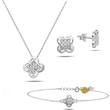 Swarovski Taşlı Elegant Yonca Kadın Gümüş Kolye Küpe Bileklik Set