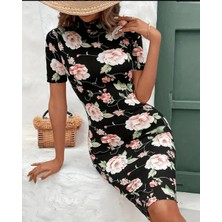Lady Women Çiçek Desenli Yüksek Boyun Zarif Elbise(S-M-Xl Mevcut