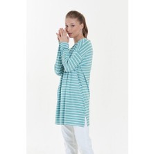 Bi Moda Mint Çizgili Geniş Kesim Boyfriend Tişört
