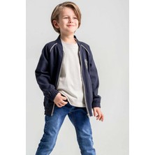 Gold Class Kidswear Çift Cepli Fermuarlı Astarlı Nakışlı Keten Erkek Çocuk Ceket