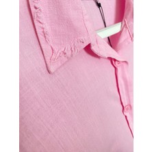 Bi Moda Püskül Detay Oversize Düşük Kol Flamlı Keten Gömlek