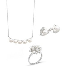 Special Luxury Pearl Kadın Gümüş Kolye Küpe Yüzük Inci Set