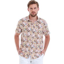 Hatem Saykı Kahverengi Comfort Fit Baskılı 100% Pamuk Slim Yaka Kısa Kollu Gömlek