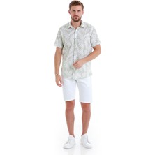Hatem Saykı Yeşil Comfort Fit Baskılı 100% Pamuk Slim Yaka Kısa Kollu Gömlek