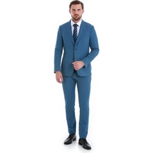 HTML Mavi Slim Fit Düz Mono Yaka Basic Takım Elbise