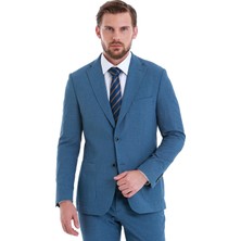 HTML Mavi Slim Fit Düz Mono Yaka Basic Takım Elbise