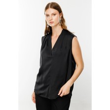 Ekol Kadın Büyük Beden V Yaka Saten Bluz 1514 Siyah